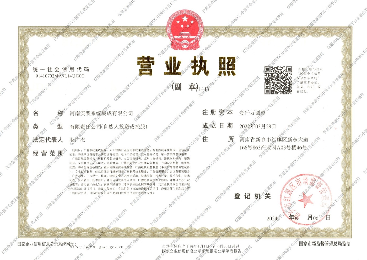 河南实践系统集成有限公司 营业执照